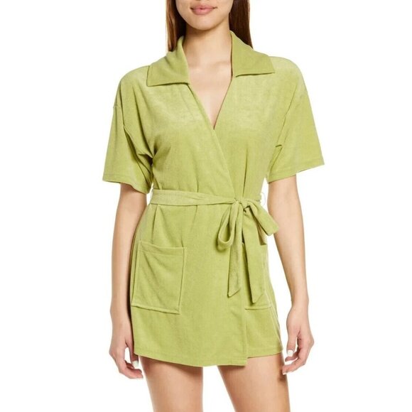 Open edit New olive fern bathrobe women sz large BNWOT tie belt pockets lounge - Picture 1 of 7